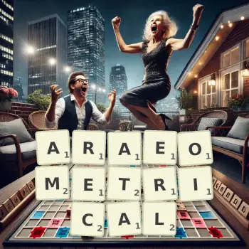 Creative illustration for a Scrabble game with the word ARAEOMETRICAL spelled out in tiles on the board.