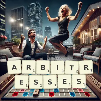 Creative illustration for a Scrabble game with the word ARBITRESSES spelled out in tiles on the board.