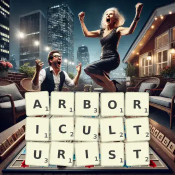 Creative illustration for a Scrabble game with the word ARBORICULTURIST spelled out in tiles on the board.