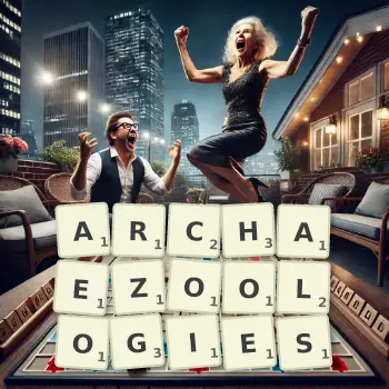 Creative illustration for a Scrabble game with the word ARCHAEZOOLOGIES spelled out in tiles on the board.