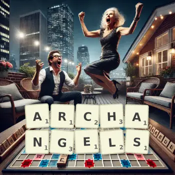 Creative illustration for a Scrabble game with the word ARCHANGELS spelled out in tiles on the board.