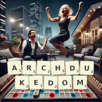 Creative illustration for a Scrabble game with the word ARCHDUKEDOM spelled out in tiles on the board.