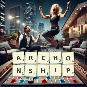 Creative illustration for a Scrabble game with the word ARCHONSHIP spelled out in tiles on the board.