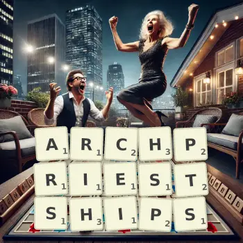 Creative illustration for a Scrabble game with the word ARCHPRIESTSHIPS spelled out in tiles on the board.