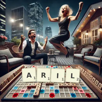 Creative illustration for a Scrabble game with the word ARIL spelled out in tiles on the board.