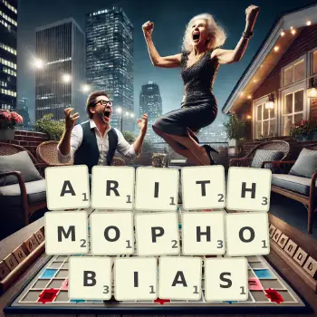 Creative illustration for a Scrabble game with the word ARITHMOPHOBIAS spelled out in tiles on the board.