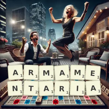 Creative illustration for a Scrabble game with the word ARMAMENTARIA spelled out in tiles on the board.