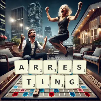 Creative illustration for a Scrabble game with the word ARRESTING spelled out in tiles on the board.