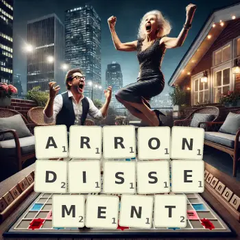 Creative illustration for a Scrabble game with the word ARRONDISSEMENT spelled out in tiles on the board.