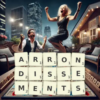 Creative illustration for a Scrabble game with the word ARRONDISSEMENTS spelled out in tiles on the board.