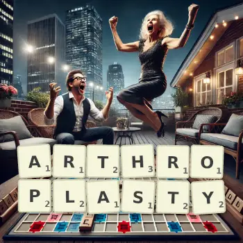 Creative illustration for a Scrabble game with the word ARTHROPLASTY spelled out in tiles on the board.
