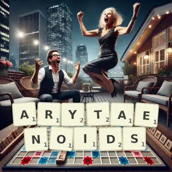 Creative illustration for a Scrabble game with the word ARYTAENOIDS spelled out in tiles on the board.