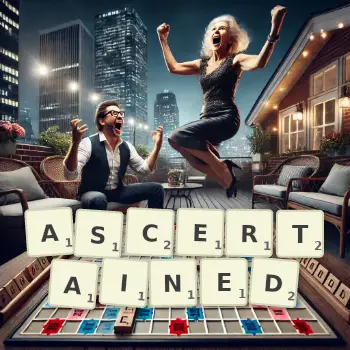 Creative illustration for a Scrabble game with the word ASCERTAINED spelled out in tiles on the board.