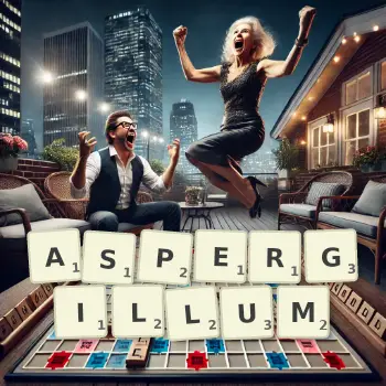 Creative illustration for a Scrabble game with the word ASPERGILLUM spelled out in tiles on the board.