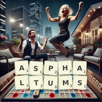 Creative illustration for a Scrabble game with the word ASPHALTUMS spelled out in tiles on the board.