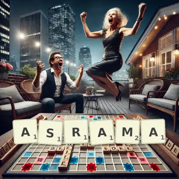 Creative illustration for a Scrabble game with the word ASRAMA spelled out in tiles on the board.