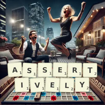Creative illustration for a Scrabble game with the word ASSERTIVELY spelled out in tiles on the board.