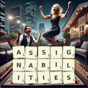 Creative illustration for a Scrabble game with the word ASSIGNABILITIES spelled out in tiles on the board.