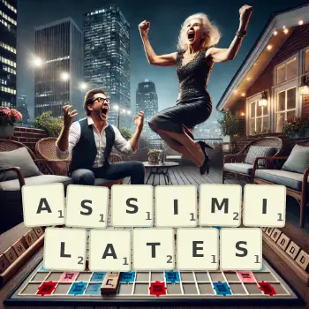 Creative illustration for a Scrabble game with the word ASSIMILATES spelled out in tiles on the board.