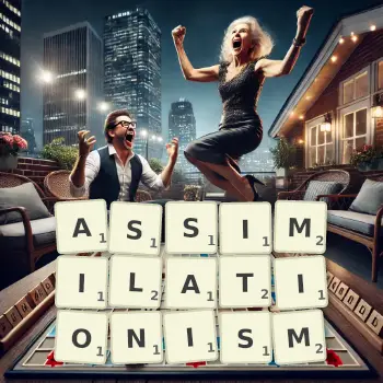 Creative illustration for a Scrabble game with the word ASSIMILATIONISM spelled out in tiles on the board.