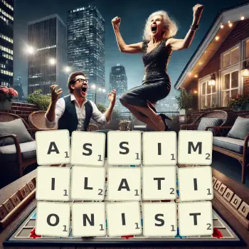 Creative illustration for a Scrabble game with the word ASSIMILATIONIST spelled out in tiles on the board.
