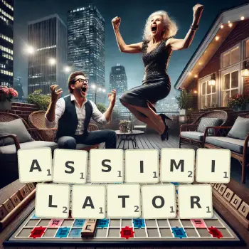 Creative illustration for a Scrabble game with the word ASSIMILATOR spelled out in tiles on the board.