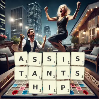 Creative illustration for a Scrabble game with the word ASSISTANTSHIP spelled out in tiles on the board.