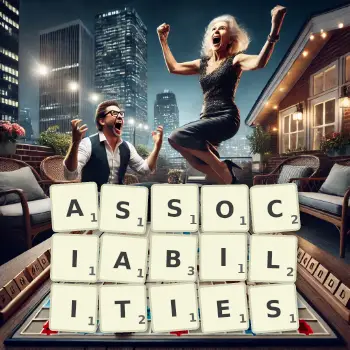 Creative illustration for a Scrabble game with the word ASSOCIABILITIES spelled out in tiles on the board.