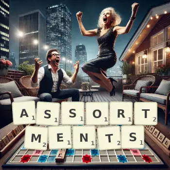 Creative illustration for a Scrabble game with the word ASSORTMENTS spelled out in tiles on the board.