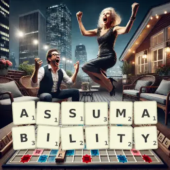Creative illustration for a Scrabble game with the word ASSUMABILITY spelled out in tiles on the board.