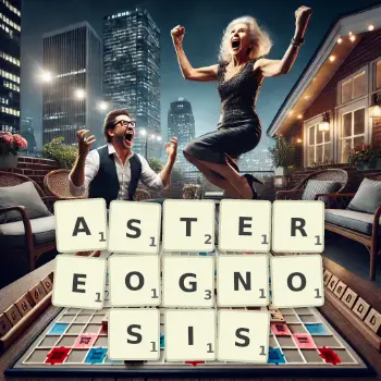 Creative illustration for a Scrabble game with the word ASTEREOGNOSIS spelled out in tiles on the board.
