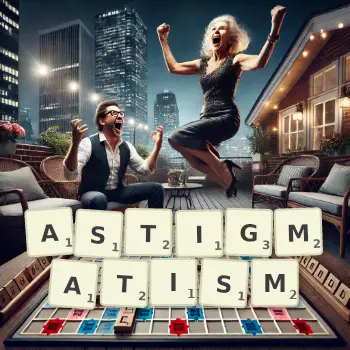 Creative illustration for a Scrabble game with the word ASTIGMATISM spelled out in tiles on the board.