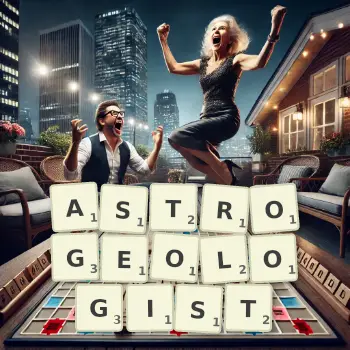 Creative illustration for a Scrabble game with the word ASTROGEOLOGIST spelled out in tiles on the board.