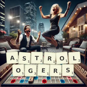 Creative illustration for a Scrabble game with the word ASTROLOGERS spelled out in tiles on the board.