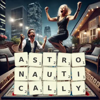Creative illustration for a Scrabble game with the word ASTRONAUTICALLY spelled out in tiles on the board.