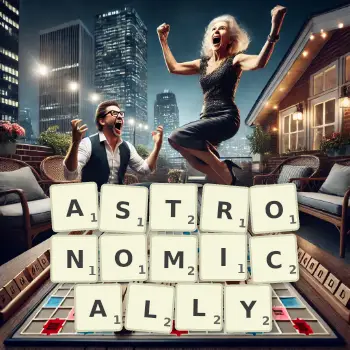 Creative illustration for a Scrabble game with the word ASTRONOMICALLY spelled out in tiles on the board.