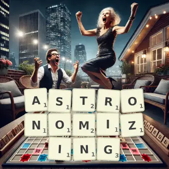 Creative illustration for a Scrabble game with the word ASTRONOMIZING spelled out in tiles on the board.