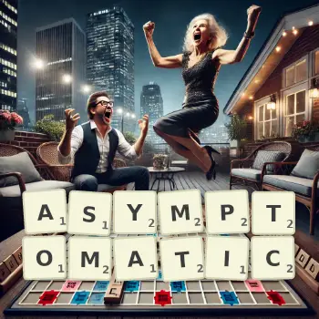 Creative illustration for a Scrabble game with the word ASYMPTOMATIC spelled out in tiles on the board.