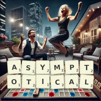 Creative illustration for a Scrabble game with the word ASYMPTOTICAL spelled out in tiles on the board.