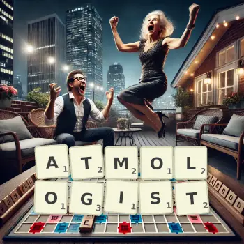 Creative illustration for a Scrabble game with the word ATMOLOGIST spelled out in tiles on the board.