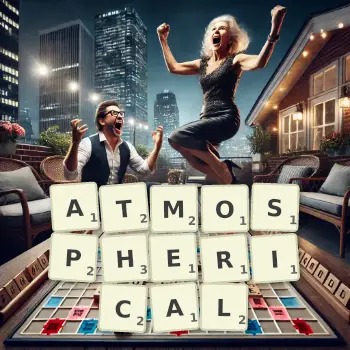 Creative illustration for a Scrabble game with the word ATMOSPHERICAL spelled out in tiles on the board.