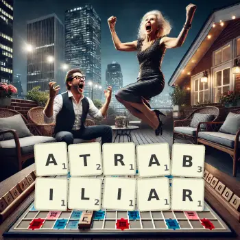 Creative illustration for a Scrabble game with the word ATRABILIAR spelled out in tiles on the board.