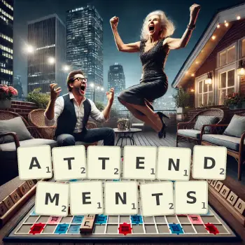 Creative illustration for a Scrabble game with the word ATTENDMENTS spelled out in tiles on the board.