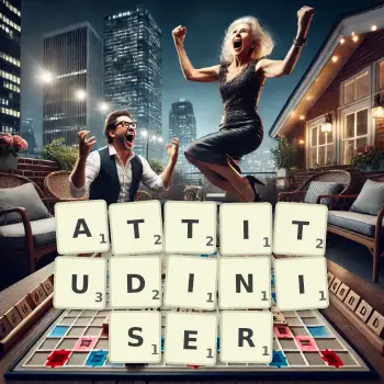 Creative illustration for a Scrabble game with the word ATTITUDINISER spelled out in tiles on the board.