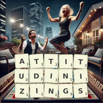 Creative illustration for a Scrabble game with the word ATTITUDINIZINGS spelled out in tiles on the board.