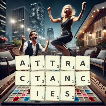 Creative illustration for a Scrabble game with the word ATTRACTANCIES spelled out in tiles on the board.