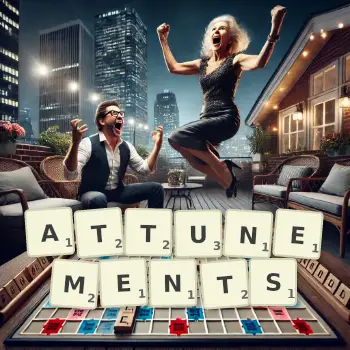 Creative illustration for a Scrabble game with the word ATTUNEMENTS spelled out in tiles on the board.