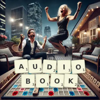 Creative illustration for a Scrabble game with the word AUDIOBOOK spelled out in tiles on the board.