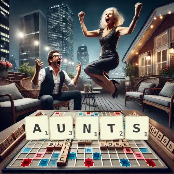 Creative illustration for a Scrabble game with the word AUNTS spelled out in tiles on the board.