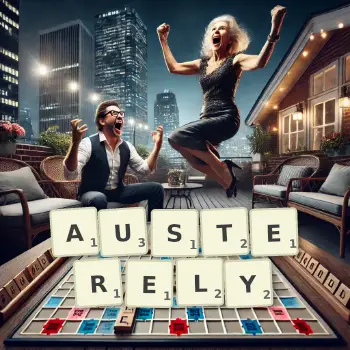 Creative illustration for a Scrabble game with the word AUSTERELY spelled out in tiles on the board.